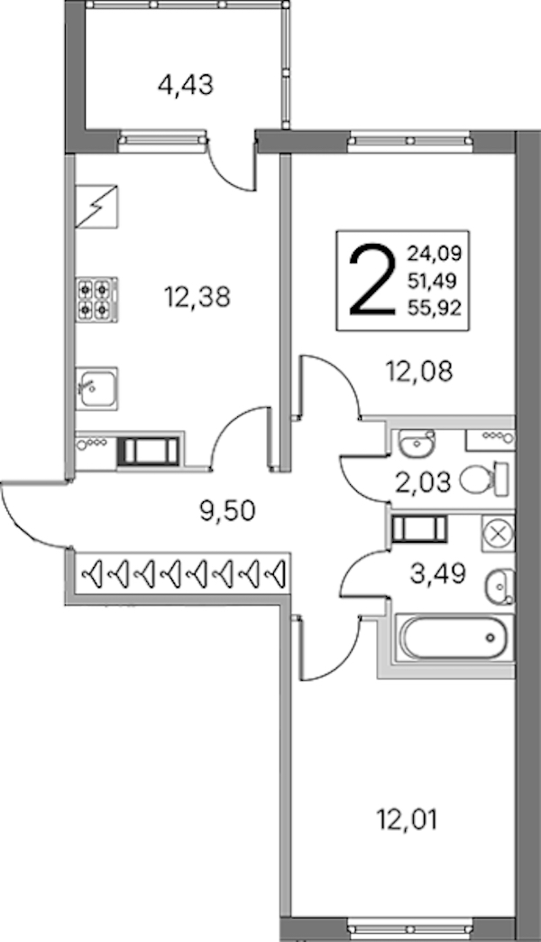 2-комнатная квартира 51.49 м², 2/5 эт., ЖК «ЮгТаун. Олимпийские кварталы»